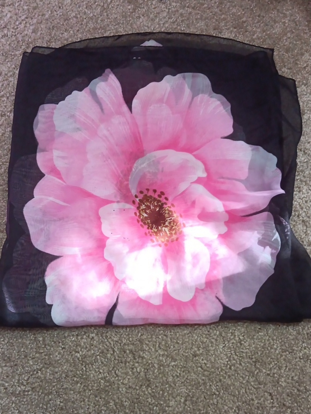 Sheer Black Scarf with Large Pink Bloom